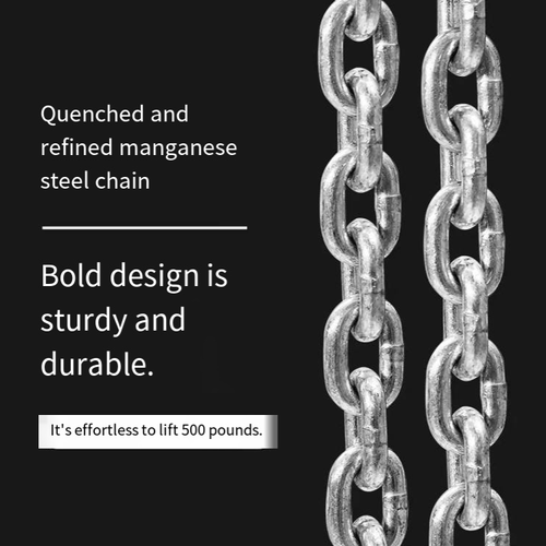 1.5-ton hand-operated hoist, capable of both lifting and towing. It features a 3-meter thick manganese steel chain that moves smoothly without getting stuck. The two-way anti-slip handles make operation effortless. The hook is equipped with safety lock plates, ensuring stable braking and preventing accidental drop. The thickened body is rust-proof and shock-resistant, making it suitable for various scenarios such as construction site lifting, equipment tensioning, and vehicle fixation.