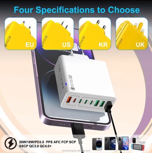 8-in-1 Fast Charging Head: One plug replaces multiple chargers, charging 8 devices simultaneously, saying goodbye to tangled power cords. It supports fast charging protocols such as QC4.0, intelligently distributing power for fast charging without sacrificing efficiency. With 8 layers of protection for greater safety. Portable for use at desks or on trips, it is a charging + neatness solution.