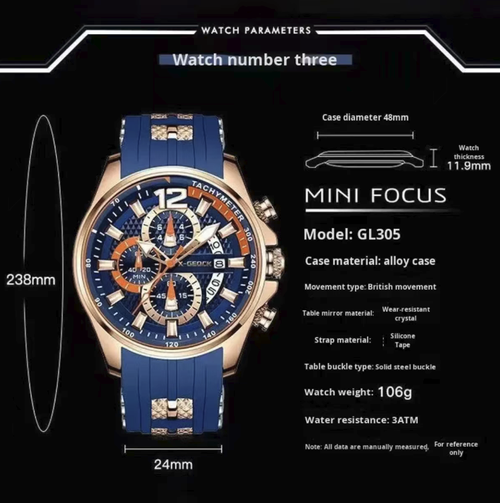 This three-hand six-needle quartz men's watch features a sport chronograph dial design, 3ATM deep water resistance, an accurate quartz movement with stable timekeeping, a skin-friendly silicone strap for comfortable wearing, and a blue-gold color contrast appearance that is highly stylish. It is suitable for various scenarios such as sports, business, and daily use, and is an all-round wristwatch that showcases the style of a stylish man.
