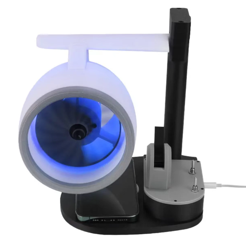 The fan of the turbofan aircraft engine, replicating the shape of an aviation engine. Powerful spiral wind force combined with RGB ambient lights, creating a full atmosphere. The base integrates 15W wireless charging, adjustable angle, low noise and quiet operation. It is not only a practical fan but also an eye-catching decorative item. It is suitable for office and gaming scenarios, highlighting the technological taste.
