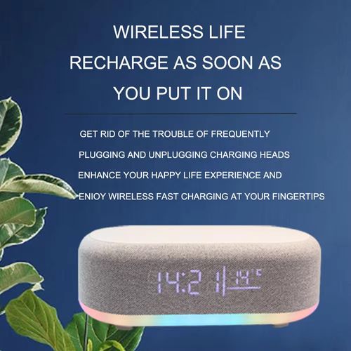 This four-sided clock speaker integrates 15W wireless fast charging, clock temperature display, RGB ambiance lights and Bluetooth speaker. It keeps the desktop tidy without taking up space. The fabric appearance is simple and versatile. It charges efficiently, shows the time and temperature clearly, and the lights can switch according to the scene. It is a practical and aesthetically pleasing item for bedrooms and office desks.