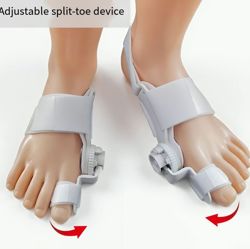 Adjustable split-toe orthosis. The split-toe design supports the feet and alleviates discomfort. The straps have a secure buckle that doesn't cause irritation. It is lightweight and invisible, providing a seamless wearing experience even when wearing shoes. It can be worn for daily outings, at home, or when sitting for long periods. It secretly protects the toes and makes walking more comfortable.