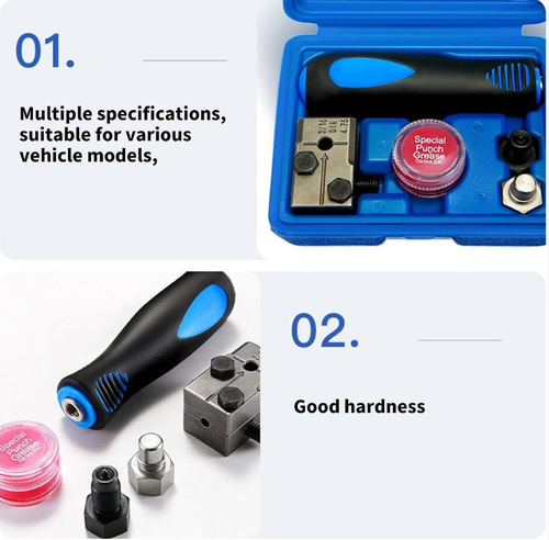 Brake pipe reaming tool kit, including reaming tools, edge trimming knives and other components. It can precisely ream the holes and remove burrs, and is suitable for various specifications of brake pipes. Made of high-strength material, it is durable. The ergonomic handle is easy to operate and it is portable and easy to store. It is a professional tool for brake repair for auto mechanics and car enthusiasts, ensuring braking safety.