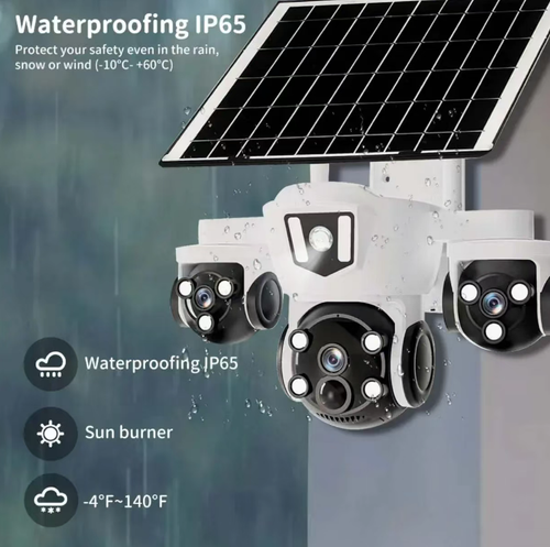 This 4G solar-powered three-camera surveillance camera features a 6-megapixel high-definition image quality. It is equipped with a human infrared sensor, low-power design, outdoor waterproof casing, and is powered by solar cells. It supports remote viewing via mobile phone and has infrared and full-color night vision functions. It is a practical surveillance device for outdoor areas without power supply.