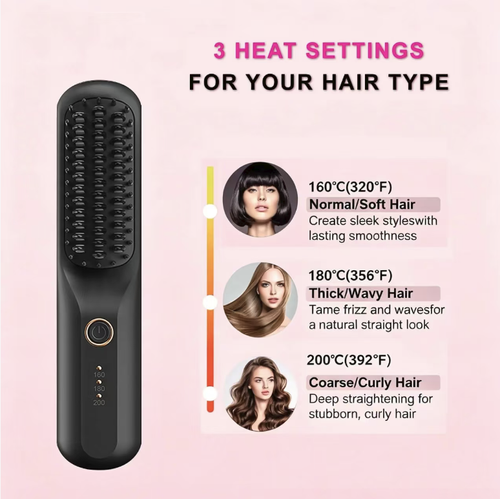 Wireless charging portable straightening comb, with three adjustable temperature settings, gentle and protective for hair without causing damage. It can straighten hair, raise the crown, style bangs and curly hair. Type-C fast charging provides long battery life. The compact design makes it convenient to carry around for styling during commutes or travels. Easily create a delicate and smooth atmosphere of hair.