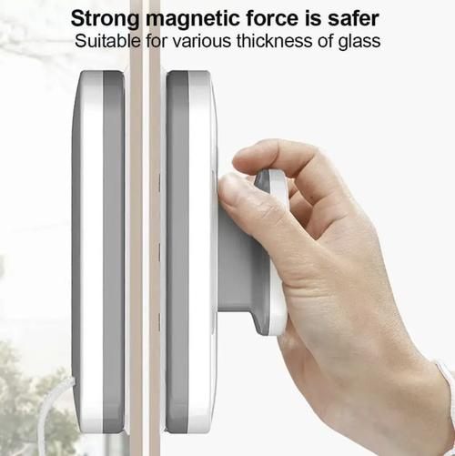This powerful double-sided window cleaning tool is compatible with 20-35mm double-glazed windows, enabling synchronized wiping on both sides via magnetic force. Equipped with absorbent cotton pads and water-wiping rubber strips, it effectively removes water stains and dust. Featuring a thickened ABS and aluminum alloy structure with a non-slip handle, it allows indoor operation to clean exterior high-rise windows. The cotton pads are removable and reusable.
