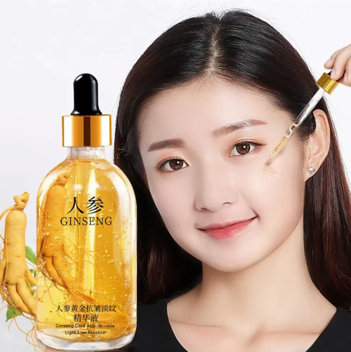 This Ginseng Golden Anti-Wrinkle and Wrinkle-Reduction Essence Liquid contains ginseng inside the bottle and the essence has a golden yellow texture. Using a dropper to draw the liquid, it can prevent wrinkles and reduce lines, infusing the skin with the energy of ginseng essence, helping to improve the skin condition and revitalize the skin with a youthful glow.