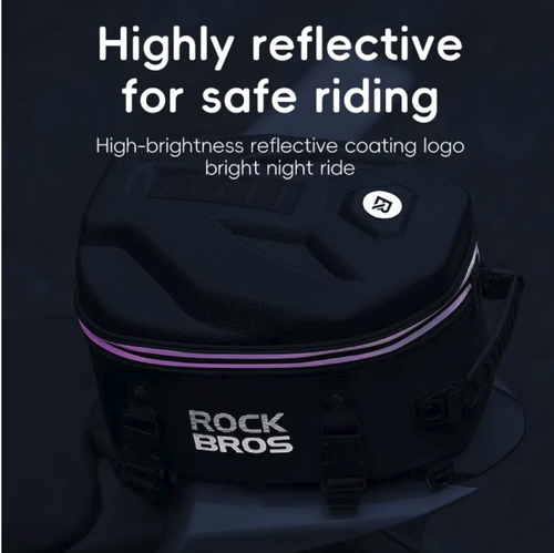 Backpack for motorcycle seat, with large capacity and expandable design, waterproof, wear-resistant and pressure-resistant, equipped with reflective strips to enhance safety at night. It has quick-release straps that can be adapted to various models. It can be carried by hand or worn on the shoulder. It is a practical storage equipment for motorcycle touring and commuting riders. A package showcasing cycling and daily usage scenarios.