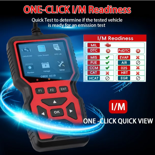 V519 OBD vehicle fault detector, plug-and-play. It can be used directly by connecting to the vehicle's OBD interface. The color screen combined with physical buttons enables the functions of reading and clearing fault codes, viewing data streams, and detecting battery voltage. It is compatible with OBD II protocol for fuel vehicles. The device is portable and suitable for vehicle owners to self-check the basic condition of their vehicles.