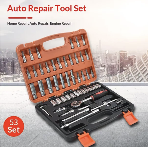This 53-piece chrome-vanadium steel multi-functional repair kit is made of high-hardness chrome-vanadium steel and is equipped with a 72-tooth quick ratchet wrench. It includes all specifications of accessories such as sockets, bits, and extension rods, suitable for household repairs and car maintenance. The portable toolbox is neatly organized and is a practical choice for both home use and car repair.