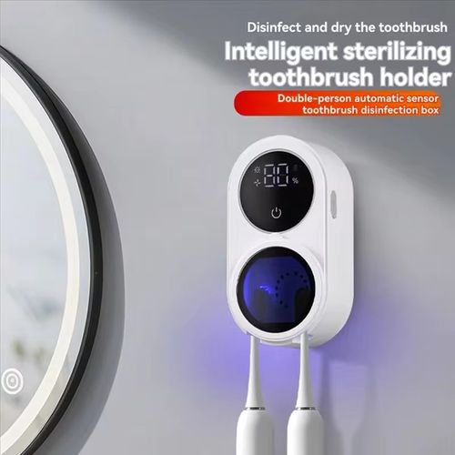 Intelligent sensor toothbrush disinfector. Press your hand to open. 5-7cm infrared sensor automatically opens and closes, touch-free and smooth. Two cups can hold couple's brushes. UV + circulating disinfection, even the bacteria on the bristles are eliminated. It sticks to the wall without taking up space. Comes with a drip tray and a digital display screen. Add it to the bathroom, and your toothbrushes will always be in pristine condition after being unpacked.