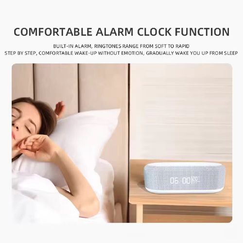 This four-sided clock speaker integrates 15W wireless fast charging, clock temperature display, RGB ambiance lights and Bluetooth speaker. It keeps the desktop tidy without taking up space. The fabric appearance is simple and versatile. It charges efficiently, shows the time and temperature clearly, and the lights can switch according to the scene. It is a practical and aesthetically pleasing item for bedrooms and office desks.
