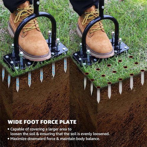 New cross-border standing garden lawn tiller integrates soil loosening, aeration, grass loosening and weeding. Standing design requires no bending, labor-saving and efficient, suitable for courtyards, orchards, vegetable gardens and lawns. Thick metal tines are sturdy and wear-resistant, improving soil compaction and permeability. Easy to install, safe to operate, rust-proof, lightweight and easy to store, comfortable handle, ideal gardening tool.