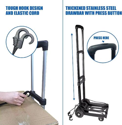 This upgraded and reinforced four-wheel foldable cart has a thickened frame with strong load-bearing capacity. The four-wheel design ensures stable movement without the risk of overturning. When folded, it is small in size and doesn't take up much space. It is suitable for various scenarios such as shopping, moving house, and picking up packages. It is a weight-lifting aid for your travels, easily solving the problem of transporting heavy items.