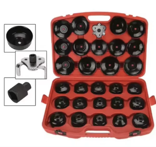 This 30-piece cap-type oil filter wrench set includes multiple-sized cap-type sockets and three-jaw wrenches, suitable for the oil filters of mainstream vehicles. It is made of high-strength electro-paint anti-rust steel, with a cap-type structure that distributes force evenly without damaging the filter element. It is compatible with inch ratchet wrenches, portable for storage, and is an efficient tool for vehicle maintenance.