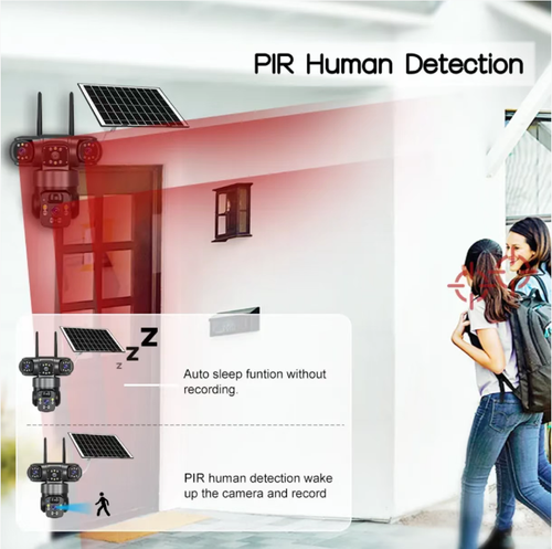 4G solar three-lens outdoor surveillance camera. No need for network cables or mains power supply. The photovoltaic panel can autonomously store energy for long-lasting operation. The three cameras can monitor simultaneously on different screens without any blind spots. It has full-color night vision, human shape alarm, two-way intercom, is waterproof and lightning-proof, and can be remotely viewed in real time via mobile phone.
