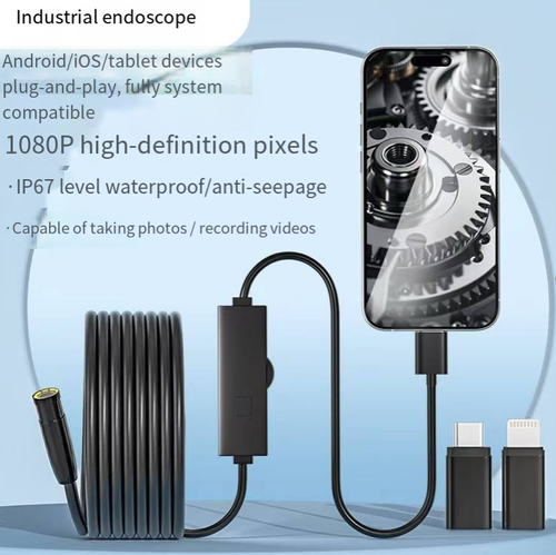 The three-in-one universal industrial endoscope is compatible with Android, Apple and Type-C mobile phones. It features an 8mm fine probe, a 2-meter hard cable, IP67 water resistance, a built-in adjustable spotlight, the ability to take photos and record videos, and comes with multiple accessories. It is a must-have for regular inspections in narrow spaces such as auto repair garages. It is a compact and portable auxiliary tool for daily maintenance.