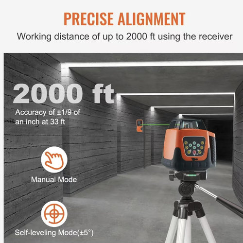 This red laser leveler features 360° full-range coverage and IP66-level military-grade protection. When paired with the receiver, it enables remote operation up to 2000 feet. It supports 360° full-range scanning and multiple directional modes. It is dust-proof, water-resistant, shock-resistant, and can be remotely controlled from 65 feet away. It is a professional and precise tool for laying floor tiles, leveling the ground, and pulling ground wires.