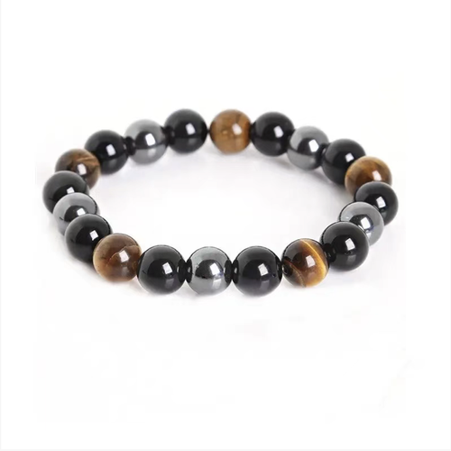 10mm three-color round bead bracelet, featuring imitation tiger eye stone combined with black chalcedony silver-gray polished beads. The beads are smooth and have a lustrous appearance. The elastic rope has a high elasticity and can fit most wrists, making it comfortable to wear without causing any pressure on the hand. It is a simple and neutral style, suitable for both work and casual wear. It is easy to maintain without fading and is suitable for both personal use and as a gift.