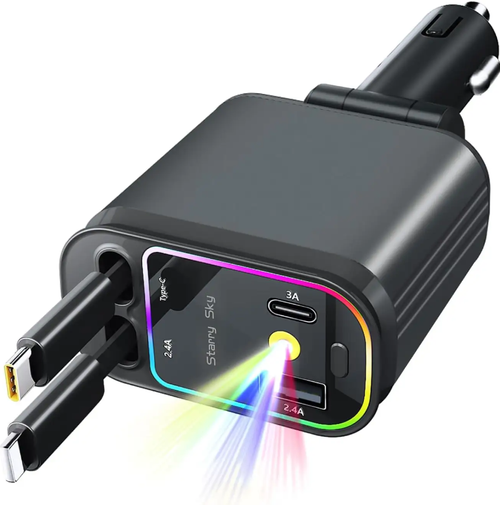 180° rotation is super flexible, suitable for most vehicle models, and it can also automatically store the cables! This car charger is extremely convenient for charging. It makes the charging in the car free from clutter and helps your electronic devices quickly recharge!