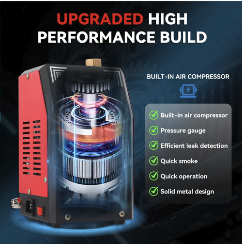 This automotive smoke leak detector supports multi-system detection including intake, EVAP, turbo, and exhaust systems, and can solve 80% of pipeline leakage problems. It features dual independent modes for air and smoke, enabling precise location of leakage points through visual smoke detection. It also includes pressure monitoring, built-in overheat and anti-freeze protection, making it suitable for efficient fault diagnosis in both auto repair shops and DIY scenarios.