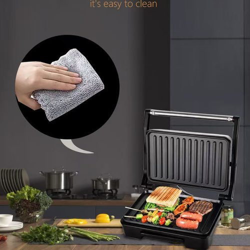 This household multi-functional pan-fry and bake breakfast machine supports 180-degree flattening. It can be used for pressing and baking paninis and frying steaks. The non-stick frying pan is equipped with a drip-catching structure and a heat-resistant handle. It can switch between pressing and baking modes with two pans, suitable for making simple breakfast meals. After cooling, it can be cleaned to avoid scratches on the coating by hard objects.