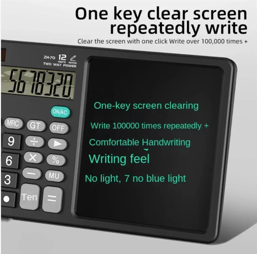 A combination of a handwritten blackboard and a calculator, with a 12-digit large screen for precise calculation. The erasable panel allows for real-time recording of calculations and to-do items. It features dual power supply modes for long-lasting battery life. It is ultra-thin and portable, suitable for students, offices, and households. Say goodbye to wasted paper and messy clutter, and achieve peak efficiency!