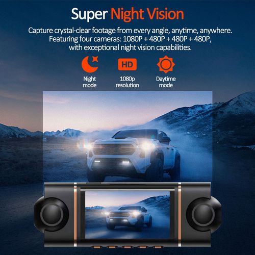 This four-lens Vehicle Recording Device supports 1080P high-definition shooting and 360° panoramic coverage. It is equipped with infrared night vision and WDR (Wide Dynamic Range) technology,ensuring clear images both during the day and at night. It supports mobile phone connectivity,featuring a 3-inch large screen for real-time preview,loop recording and emergency locking functions,providing reliable protection for driving safety.
