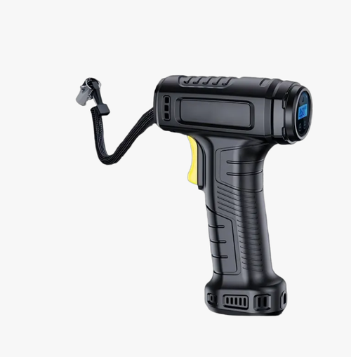 Handgun-style digital display on-board air pump. The pistol-style design is easy to operate. The large digital screen precisely presets tire pressure and stops when fully inflated. The high-speed motor inflates quickly. The LED lights are convenient for use at night. Carry it for self-driving, ensuring tire pressure is always in order, and you can set off with peace of mind.
