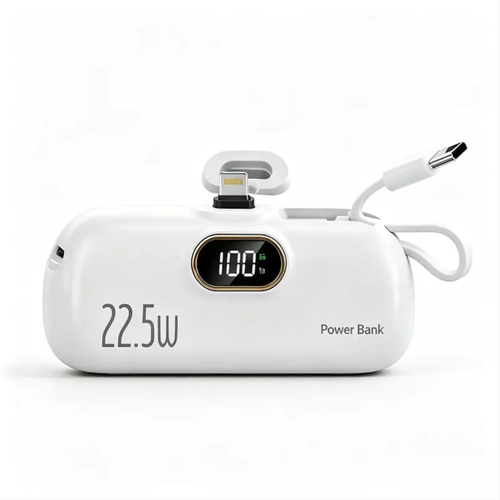 This capsule mini power bank has a capacity of 5000 milliampere and supports 22.5W fast charging. It has an integrated direct plug interface without the need for a data cable. It is equipped with an LED digital display screen for real-time battery level monitoring. It comes with a hanging strap for easy carrying and has multiple safety protections built-in, making it suitable for emergency power supply for mobile phones when going out.