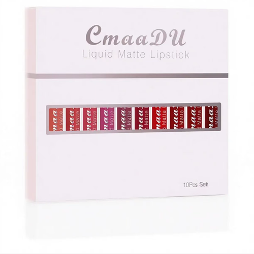 This 10-piece velvet matte lip gloss set contains various color shades and is suitable for various makeup looks. The texture is smooth, and after application, it creates a matte finish. It has basic waterproof and stain-resistant properties. It comes with a lip-shaped applicator brush. The packaging of the set is suitable for personal use or as a gift. For dry lips, it is recommended to do lip moisturizing beforehand.