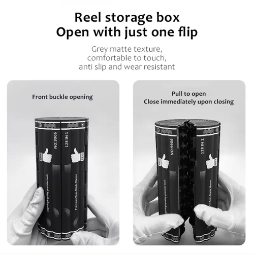 128-in-1 tool set, palm-sized toolbox, 128 types of bits, suitable for various scenarios, can tighten both cross-head and irregular screws. The rollable storage tube opens instantly when flipped, takes up little space in your pocket. CR-V steel bits have anti-slip teeth, the handle is anti-slip and easy to apply force, and the bits can be magnetically attached for replacement, all in one tube for daily maintenance.