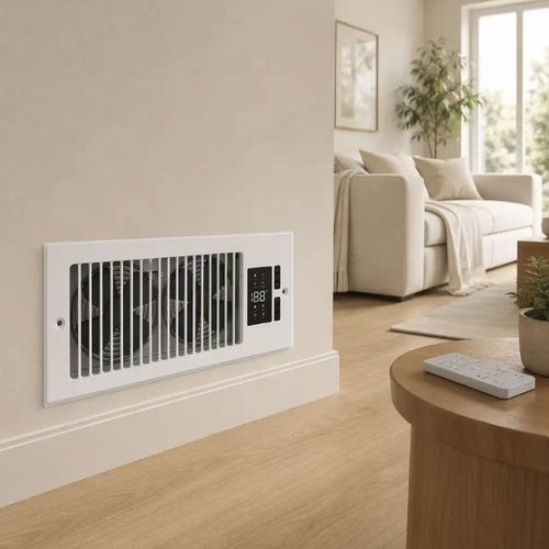 This small wall-mounted bidirectional booster ventilation fan features a pure white, minimalist design that is moisture-proof and durable. It has two fans with high air volume for both exhaust and intake purposes. The digital display touchscreen is combined with remote control operation, allowing for adjustable speeds in multiple settings. It is a practical appliance for ventilation and air exchange in small living spaces.