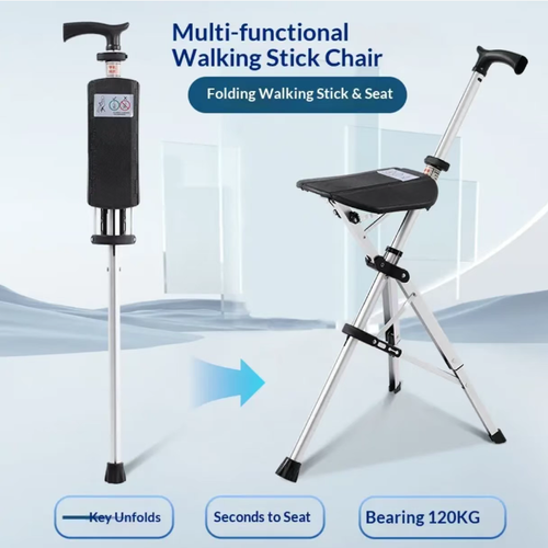 This multi-functional walking stick folding chair can be transformed with just one click to switch between a walking stick and a sitting stool. It can support up to 120kg with three legs. The aircraft-grade aluminum is lightweight and not heavy. The ergonomic handle is non-slip and easy to hold. The electric model has automatic extension buttons, making it extremely convenient for strolling, queuing, and outdoor use. It can be carried in a pocket without taking up space.
