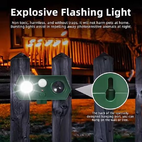 Solar-powered ultrasonic animal repellent lamp, IP65 waterproof, powered by solar energy with long battery life. Flashing bright light + ultrasonic dual-effect to repel animals such as dogs and deer, harmless to humans and animals. Intelligent sensing for energy saving. It is an environmentally friendly and effective helper for outdoor animal prevention.