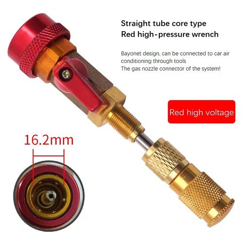 Automobile air conditioning valve core disassembly tool. Red and blue color differentiation corresponds to high and low pressure interfaces. Made of aluminum alloy and brass, lightweight and durable. Anti-slip knob for single-handed operation. Deep-hole valve cores can also be easily disassembled and assembled. Suitable for top pins without damaging the pipeline. The tool kit is carried with you. Refilling refrigerant and maintenance can be completed in just 1 minute.