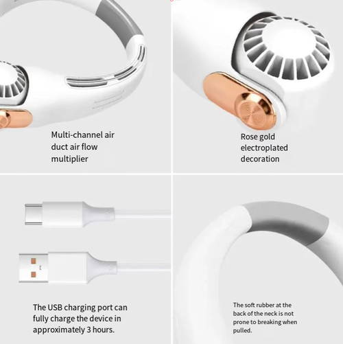 The mini neck fan features a bladeless neck-mounted design, freeing your hands. The fan nozzle can rotate at multiple angles without smudging makeup. It offers three speed settings suitable for commuting, office work, and outdoor activities. The quiet motor operates silently without disturbing you. With a 150g lightweight design, it is comfortable to wear for a long time. It comes with a long-lasting battery and Type-C fast charging, making it a practical choice for cool summer outings.