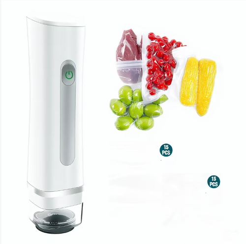 This handheld vacuum machine is wireless and portable. It can be operated with one hand and automatically stops after vacuum sealing. It is suitable for all kinds of ingredients such as seafood, nuts, fruits and vegetables. The BPA-free bag can be reused. It has a long battery life, keeps the freshness and prevents cross-contamination, extends the freshness of the ingredients, and reduces kitchen waste.
