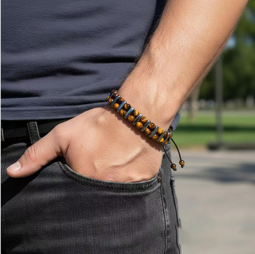 Order today and you'll receive 2 energy bracelets! Tiger-eye stone + Black Oolite stone. Enhances courage and promotes good fortune. Double row weaving is suitable for various wrist sizes. Can be paired with shirts for commuting or worn with T-shirts for going out. Can be layered or worn alone, all looking exquisite. Wearing it yourself brings good luck, and giving it to someone else is extremely stylish, doubling the joy and making it super full!