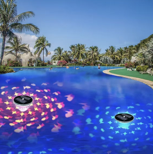Solar-powered floating projection water-illuminating lamp, which can float on the water surface of a pool. It features IP waterproof sealing design. During the day, it automatically charges the solar energy, and at night, it automatically lights up. The colorful light patterns cycle and change. The hollow shell projects exquisite patterns, suitable for use in courtyards, fish ponds, and landscape water features. It can be installed without wiring and is durable outdoors.