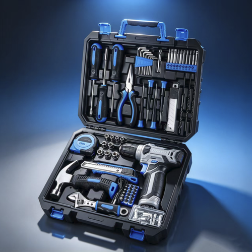 This 128-piece household tool set comes with a rechargeable electric drill and a variety of manual repair tools, including hammers, tape measures, wrenches, socket bits, and other accessories. It is stored in a hard carrying case, with neatly arranged compartments for easy portability. It is suitable for home repair scenarios such as furniture assembly, wall drilling, and door and window maintenance.