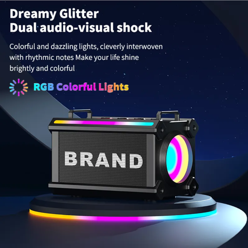 Glowlight Speaker, with a large battery providing all-day power, allowing you to enjoy music outdoors without worry. Serial ring stereo + full-range speaker, the sound quality is comparable to a home concert, the dazzling glow flows with the rhythm, instantly creating an atmosphere for camping or parties. Compact and portable, it can be carried in a bag and taken anywhere, becoming an exclusive live performance wherever you go!