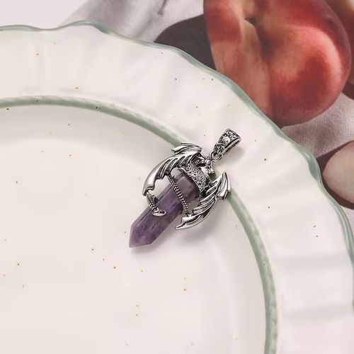 Mysterious Mythology-style Natural Amethyst Double-Tipped Hexagonal Prism Pendant - Retro-aged Stainless Steel Dragon-shaped Inlaid Spiritual Energy Guardian Stone Necklace - Eastern Dragon Rhythm Personalized Clothing Accessory for Both Men and Women - Spiritual Healing Feng Shui Crystal Pendant - Online Exclusive Popular and Unique Design Necklace
