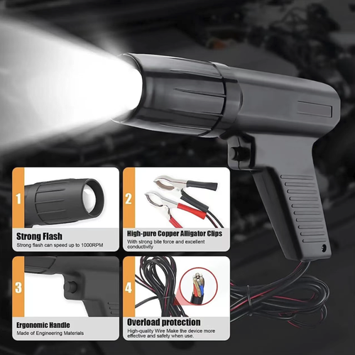 Specialized timing detection lamp for gasoline engines, compatible with gasoline engines of cars and motorcycles. The gun-shaped anti-slip body is sturdy and resistant to drops. The high-intensity xenon light provides clear observation. Precise calibration of ignition timing, improving power and fuel consumption. The complete set of accessories is portable and can be stored conveniently. It is a regular tool for auto repair and maintenance.