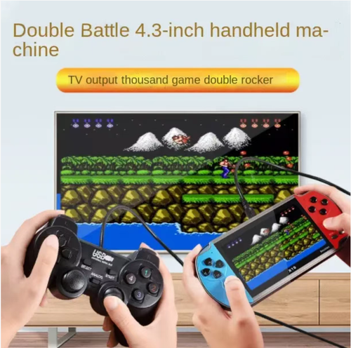 Portable game console with a 4.3-inch high-definition screen, smooth dual-stick operation, built-in thousands of classic FC arcade games, supports two-player battles and TV gaming. It can also play music and watch videos. The TF card can expand memory. With a large-capacity battery that lasts for 4-6 hours, it is portable and compact, allowing you to enjoy the joy of childhood games with you wherever you go.