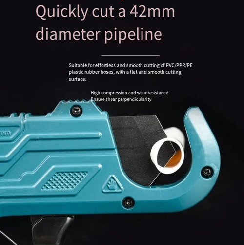 This gun-style pipe cutter features a gun-like design for easy grip and enables quick cutting of PPR.PE.PVC pipes with a diameter of ≤ 42mm, resulting in smooth cuts. It has an automatic locking mechanism and a material storage function for leftover materials. The black-edge SK5 steel blade is durable and is an efficient cutting tool for plumbing installation and home decoration repairs.