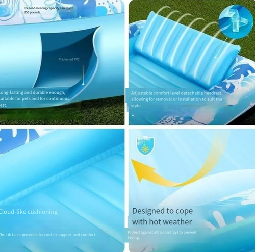 Hand Pump Gift This eco-friendly PVC single-person floating platform measures 70×46 inches. The wide space is combined with a cup groove design, making it convenient for inflation and deflation, and easy to fold and store. It can be used as a semi-submerged floating bed in the swimming pool for a cool experience, or as a mini pool on the terrace or backyard. It is a cool and comfortable companion for various summer scenarios.