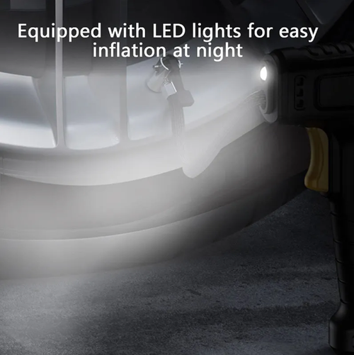 Handgun-style digital display on-board air pump. The pistol-style design is easy to operate. The large digital screen precisely presets tire pressure and stops when fully inflated. The high-speed motor inflates quickly. The LED lights are convenient for use at night. Carry it for self-driving, ensuring tire pressure is always in order, and you can set off with peace of mind.