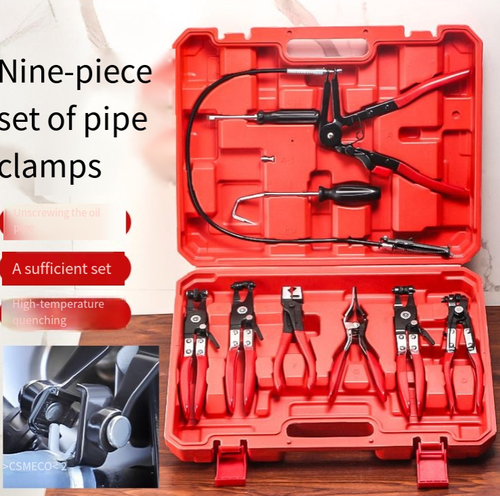 This 9-piece vehicle hose clamp tool kit is an essential tool for auto repair: it includes flat belt clamps, long-distance flexible clamps, etc., and is compatible with various pipe clamps. Made of high-carbon steel, it is durable and has a non-slip handle for ease of use. The custom storage box is easy to organize. When DIY car owners or auto repair technicians use it, the efficiency of pipe disassembly and assembly is doubled, making it convenient and professional.