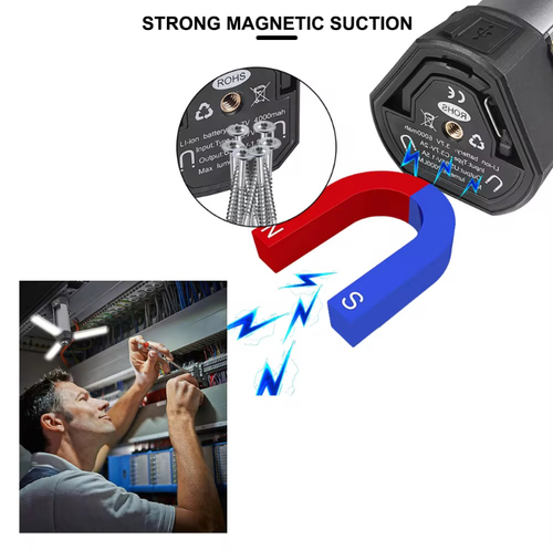 This multi-functional portable work lamp features three COB light sources with sufficient brightness. It can be adjusted horizontally within 300° and vertically within 100° for lighting. The strong magnetic attachment and hidden hook allow you to free your hands. The wireless design comes with a battery level indicator. It is suitable for various scenarios such as auto repair, home decoration, and outdoor use. It is an intelligent and helpful assistant for maintenance lighting.